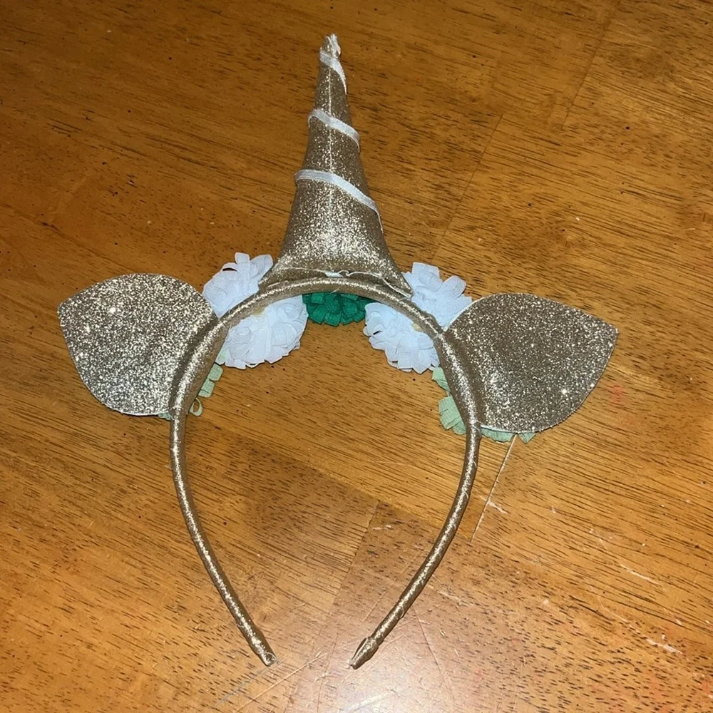 Gold Glitter Unicorn Headband With Green and White Pom Poms